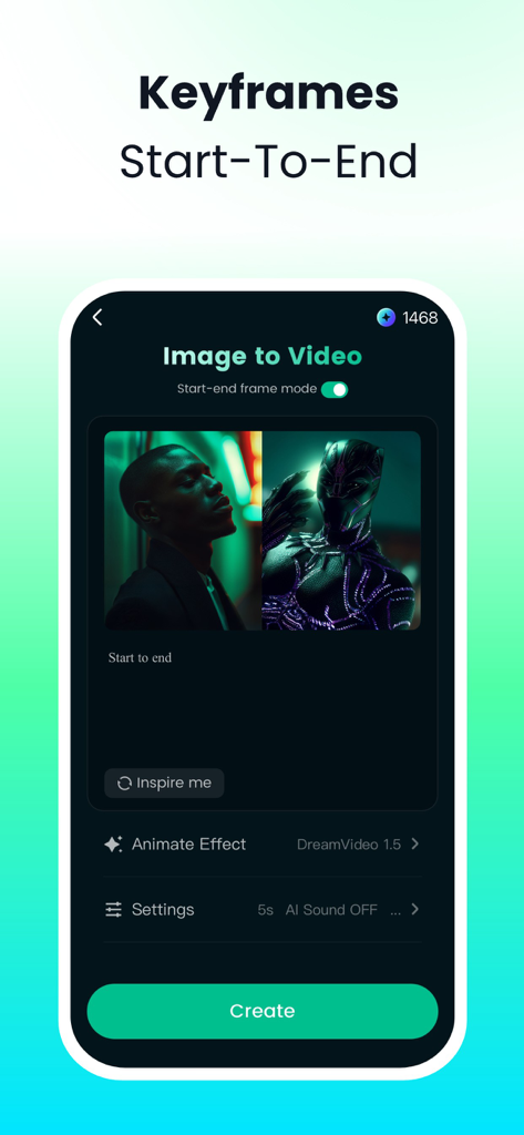 DreamFace: AI Video Generator - DreamFace mobile app showing the keyframes feature for image to video generation.