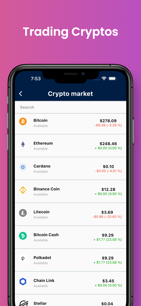 Sim Life - Business Simulator - Sim Life app screenshot showing the cryptocurrency trading market with virtual prices for Bitcoin and Ethereum.