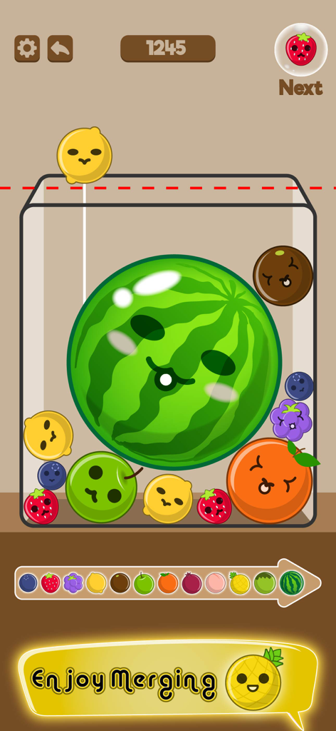 Merge Watermelon & Fruit Game - Gameplay screenshot of Merge Watermelon and Fruit Game showing cute fruits in a container