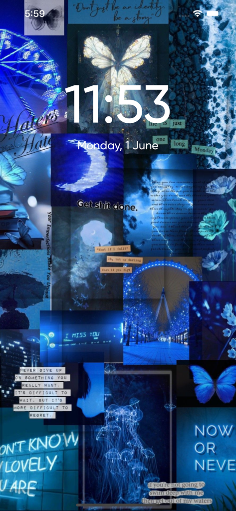 Pantalla de bloqueo de iPhone con un collage de fondo de pantalla estético azul con mariposas, medusas y una noria.