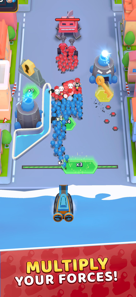 Grunt Rush: Battle & Conquer - Gameplay screenshot of Grunt Rush showing blue troops passing through multiplier gates to increase their army size and attack red enemies