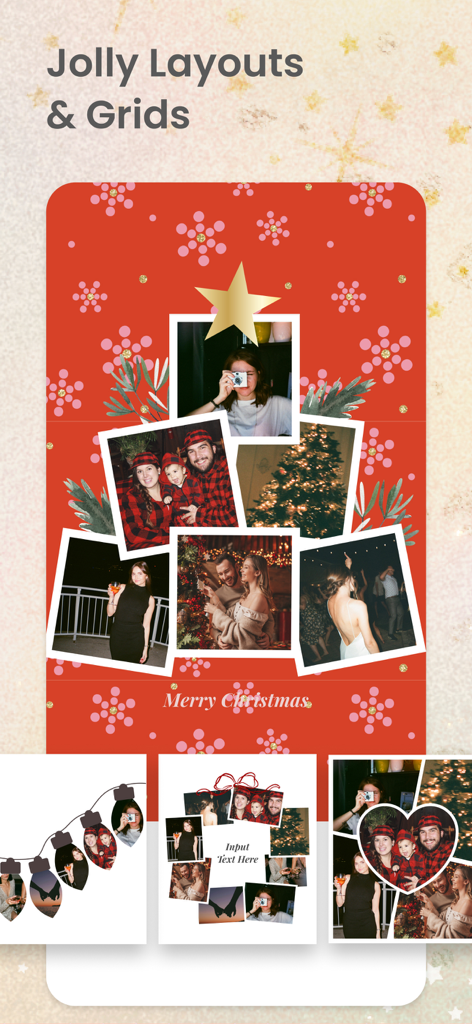 PicCollage app showing festive Christmas photo layouts and holiday grids for social media