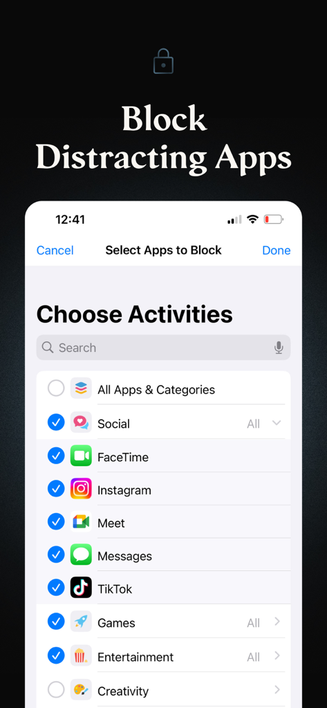 Monk Mindset - Interfaz de la aplicación Monk Mindset mostrando opciones para bloquear aplicaciones y categorías que distraen
