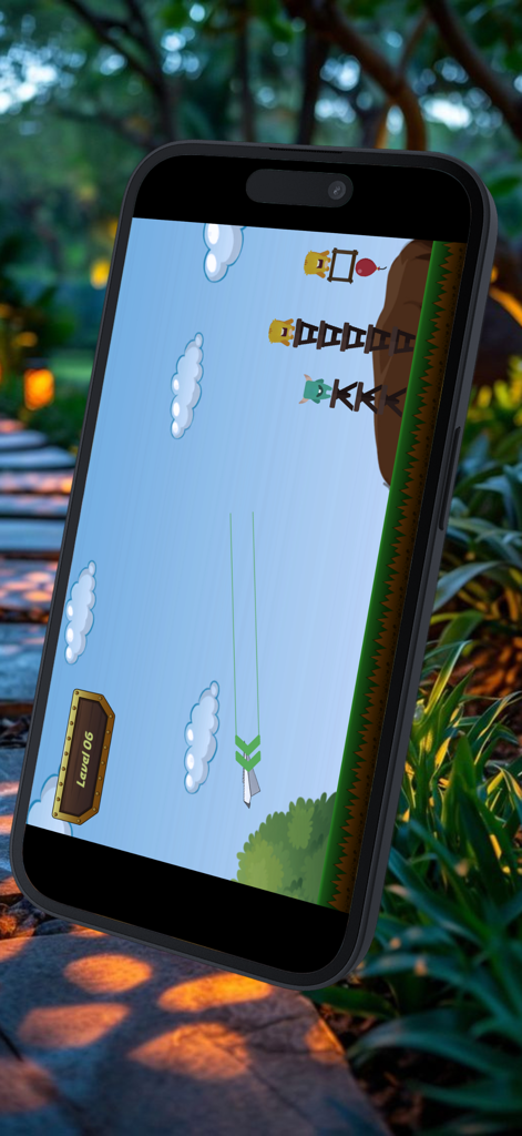 Un avión de papel apuntando a monstruos en torres de madera en el juego móvil Paper Plane Dash