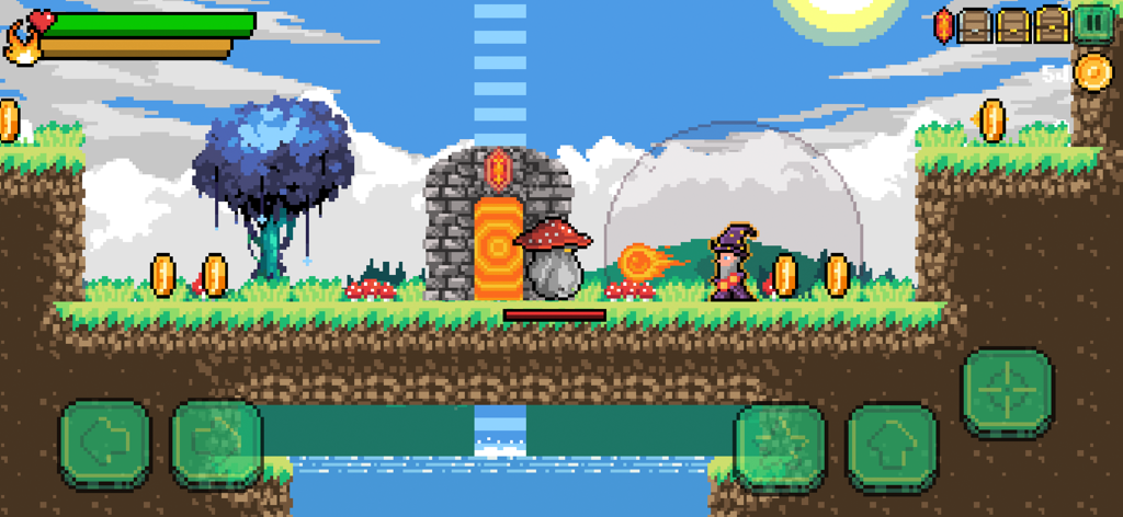 Magic Forest : 2D Platformer - Um personagem mago usando magia de fogo em um nível de floresta em pixel art