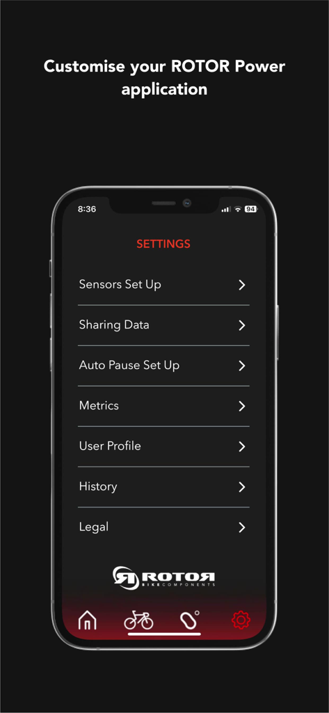 ROTOR Power - Settings screen of the ROTOR Power application showing menu options like sensors setup and user profile.
