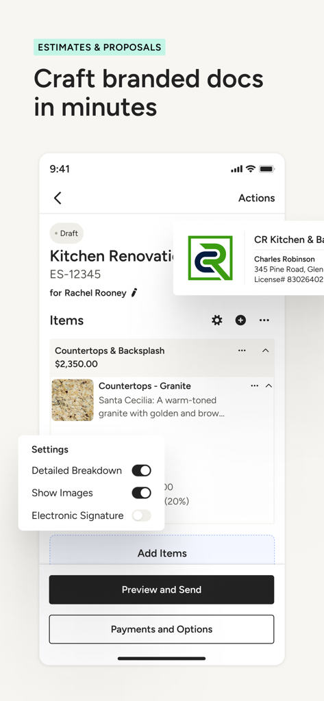 Houzz Pro - Eine mobile App-Oberfläche zur Erstellung professioneller, gebrandeter Kostenvoranschläge und Angebote für ein Küchenrenovierungsprojekt