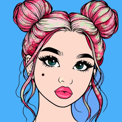 realistic girl with two buns on her hair and lips