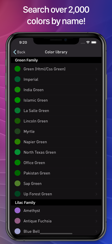 Capture d'écran de l'application Color Name AR Pro affichant une bibliothèque consultable de différentes nuances de vert et de lilas avec leurs noms spécifiques.