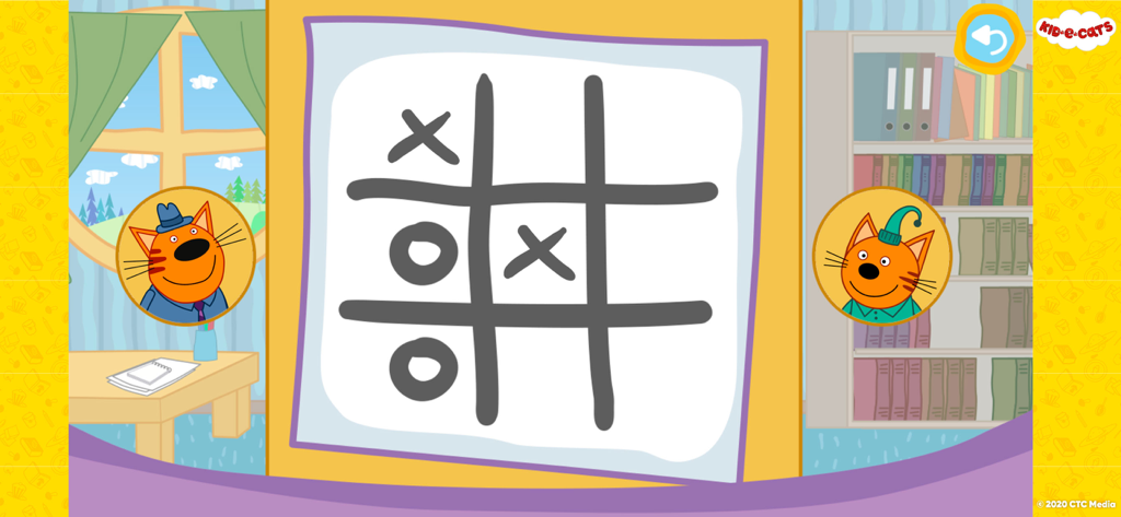 A day with Kid-E-Cats - Los personajes de Kid-E-Cats, Cookie y Pudding, jugando al tres en raya en un aula