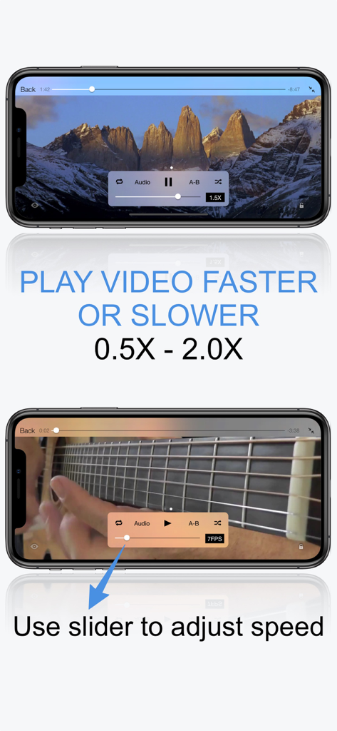 SpeedUpTV + - SpeedUpTVアプリのインターフェイス。スライダーを使用して、0.5倍速から2.0倍速までの可変ビデオ再生速度調整を示しています。