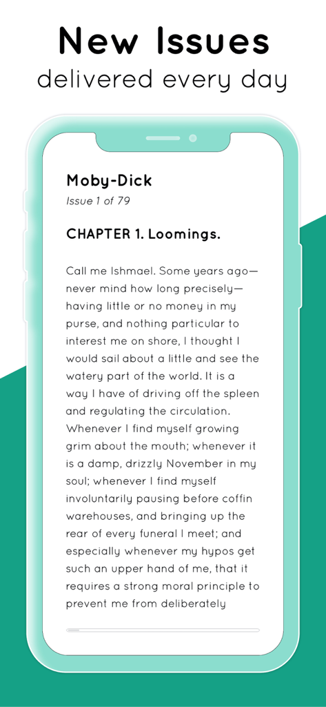 Serial Reader app interface displaying the first daily issue of Moby-Dick on a mobile screen