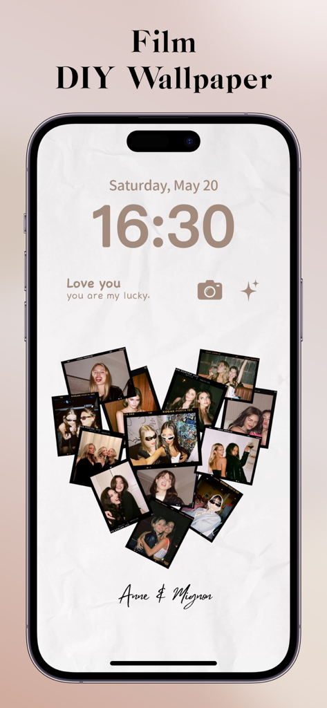 An iPhone lock screen showing a custom heart-shaped polaroid photo collage created with the Widgify app.