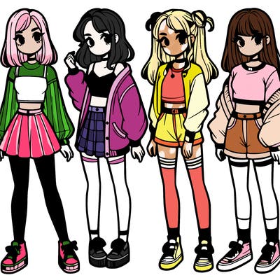 one girl with crop-top shirt and a jacket with a skirt, long socks and another girl with a shirt and pants with a jacket