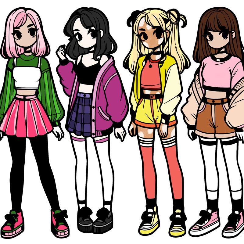 one girl with crop-top shirt and a jacket with a skirt, long socks and another girl with a shirt and pants with a jacket