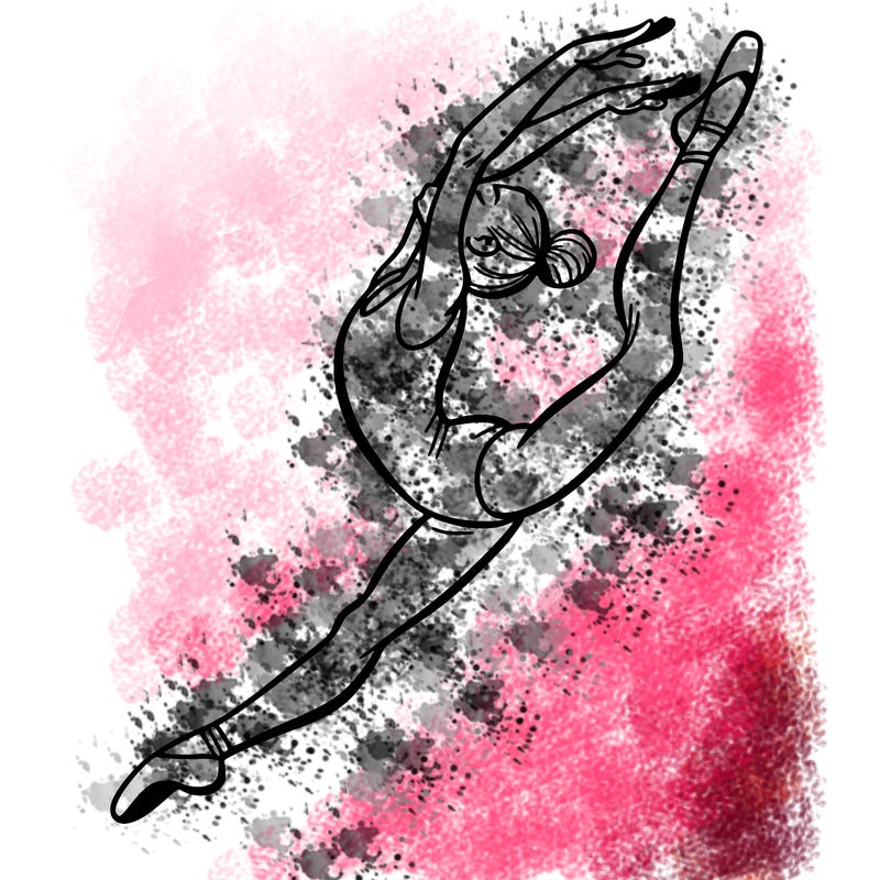 gymnast doing a leap in a leotard with a bent back leg