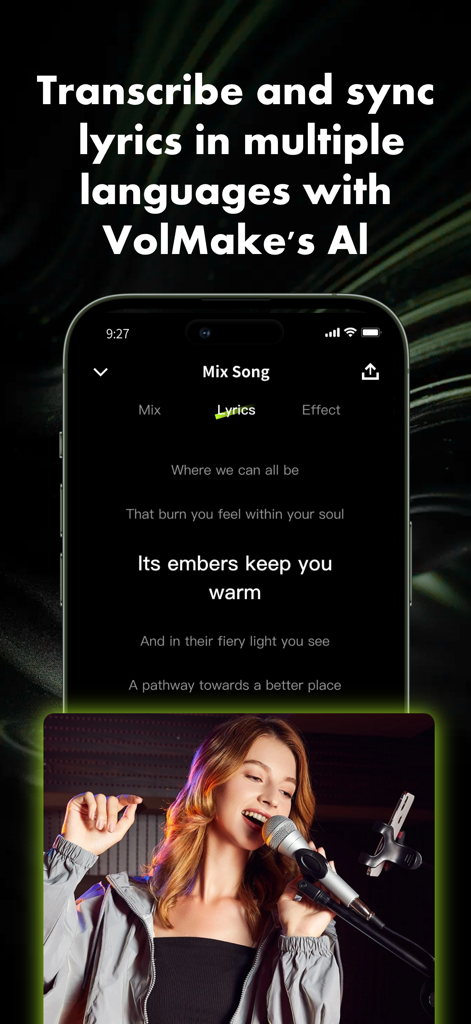 Mobile interface of Stemify app displaying synchronized song lyrics and a woman singing into a microphone