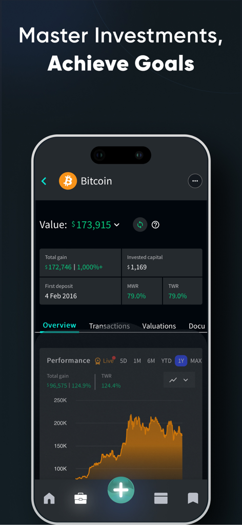 Exirio: Portfolio Tracker - Una pantalla de smartphone que muestra la aplicación Exirio rastreando un portafolio de Bitcoin con métricas financieras detalladas como MWR y TWR en un gráfico de rendimiento de un año.