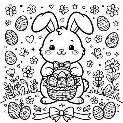 Get ready for a heartwarming Easter with this enchanting Kawaii Easter Bunny coloring page! This lovable design features a sweet bunny holding a festive basket brimming with beautifully patterned eggs, surrounded by charming spring elements.