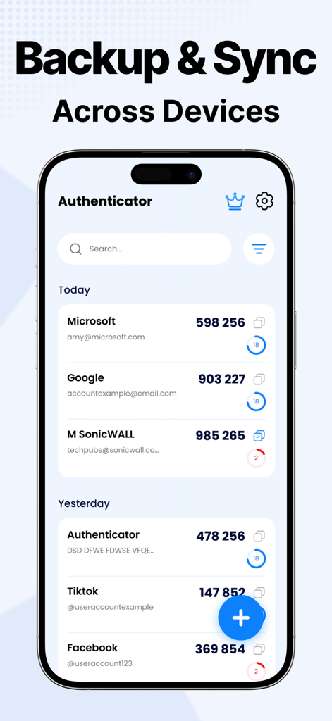 Oberfläche der Authenticator App zeigt 2FA-Sicherheitscodes sowie Backup- und Synchronisierungsfunktionen