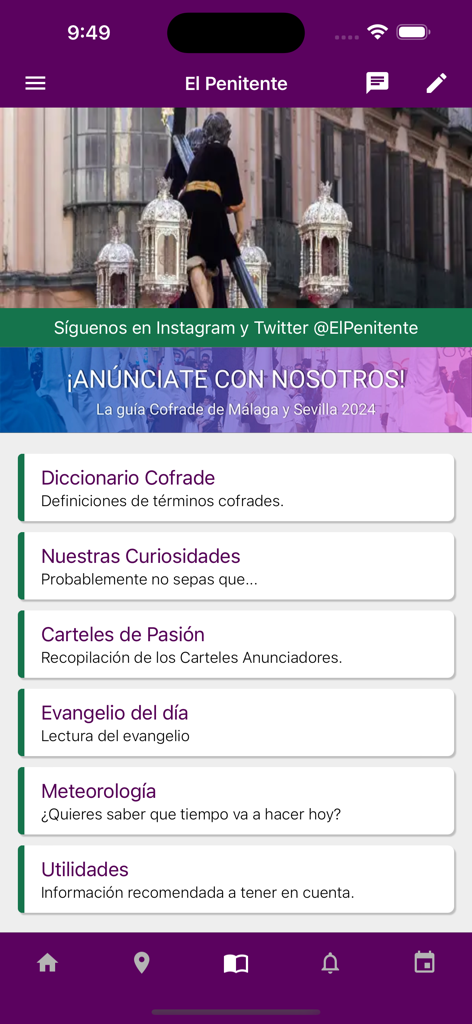Menu principal de l'application El Penitente montrant les options pour le dictionnaire religieux, l'évangile du jour et les informations météorologiques