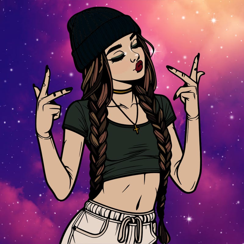 realistic teenage girl with braids and a beanie and crop top doing 🫶🏼