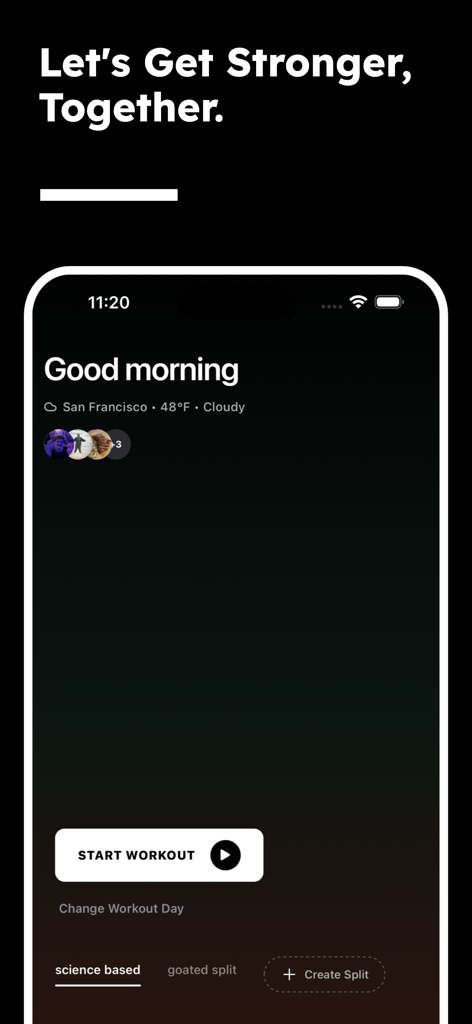 Lift Card mobile app home screen featuring a start workout button and social community icons