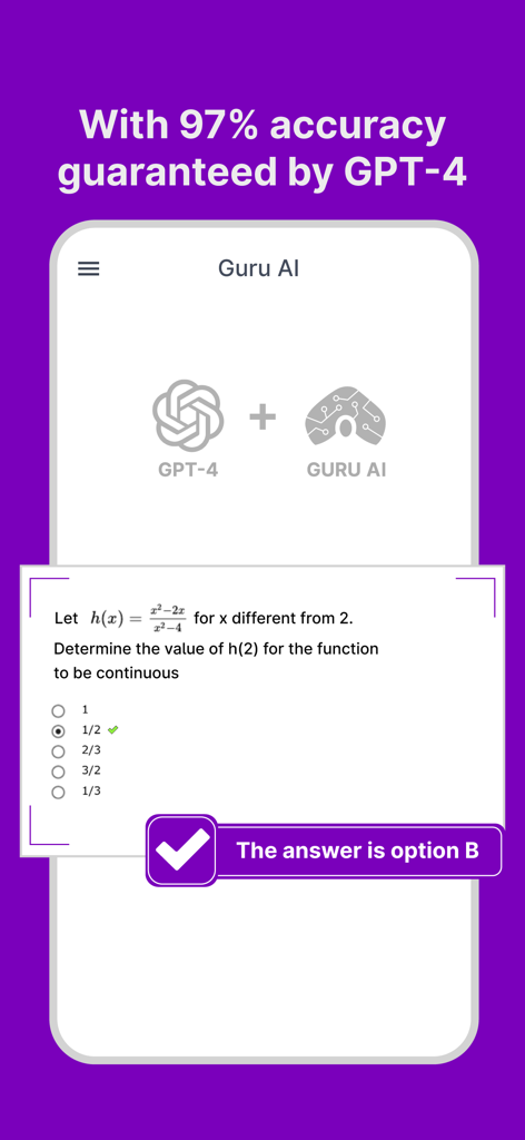 Interface do app Guru AI mostrando um problema de cálculo resolvido com 97% de precisão garantida pelo GPT-4.