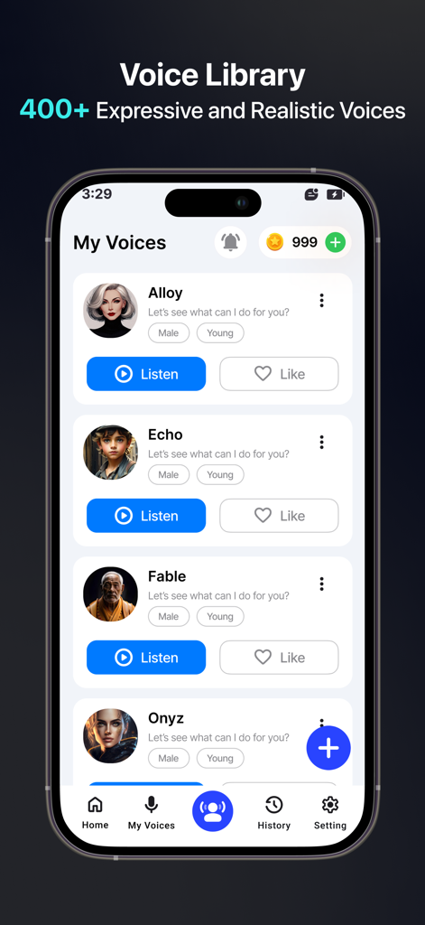 Interface d'application mobile affichant une bibliothèque de voix IA réalistes et expressives pour la conversion de texte en parole