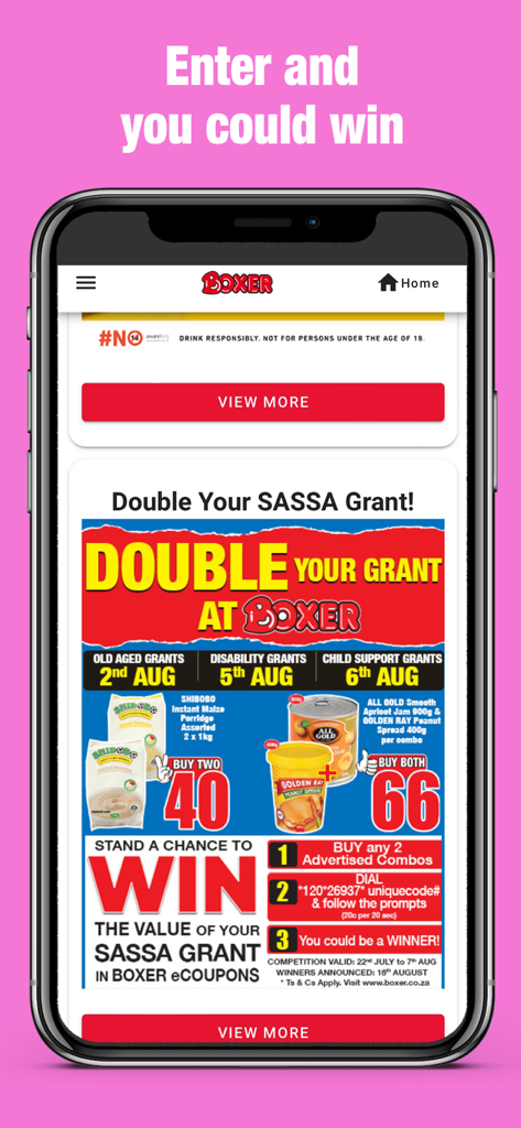 Boxer - Boxer app screen displaying a contest to double your SASSA grant with specific food product combos