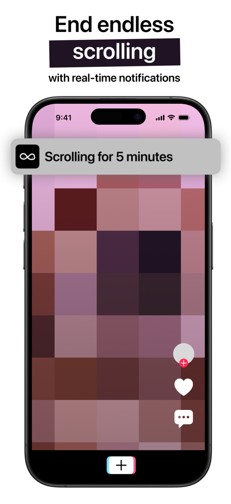 Samir: Scroll Time How Long? - iPhone screen showing a real-time notification from the Samir app stating scrolling for five minutes