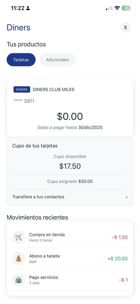 App Finanzas dashboard showing Diners Club card balance and recent transactions