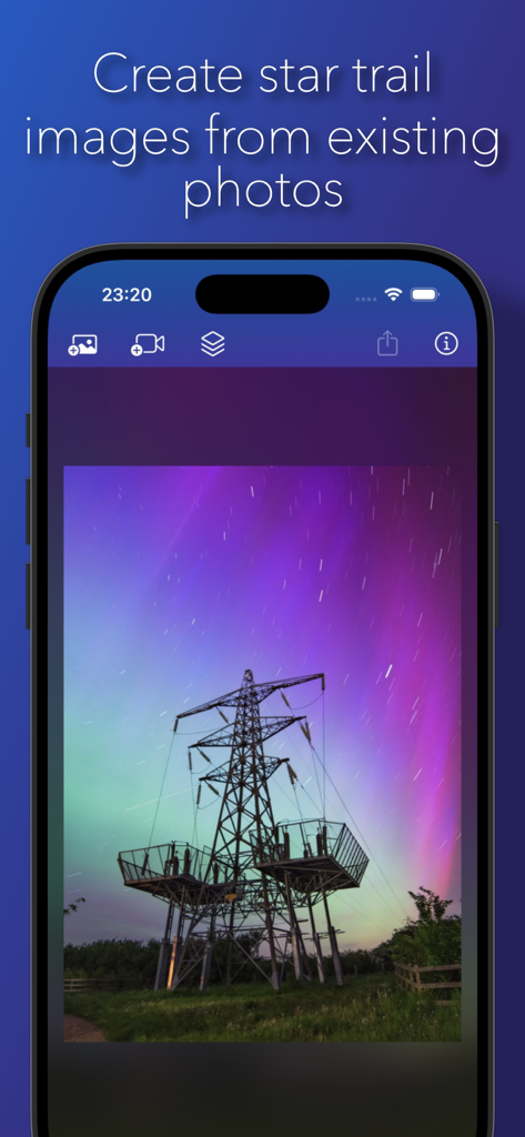 Star Stacker - iPhone screen showing the Star Stacker app interface with a photo of star trails behind an electricity pylon and aurora sky