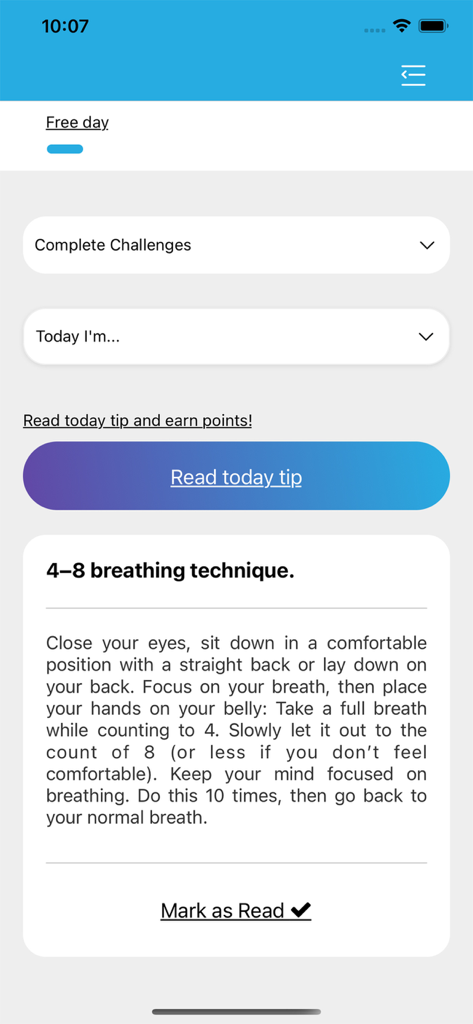 Sesame - Mobiler Bildschirm der Sesam-App, der Anweisungen für eine 4-8 Atemtechnik als Tipp für psychische Gesundheit anzeigt