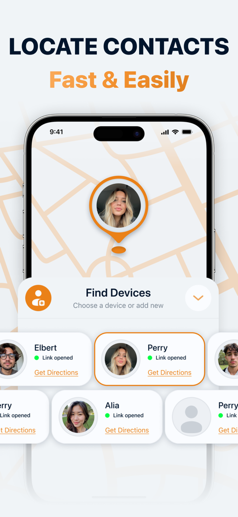 Phone Location: GPS Tracker - Interfaz de aplicación móvil que muestra rastreo de ubicación GPS en tiempo real para familiares y amigos en un mapa.