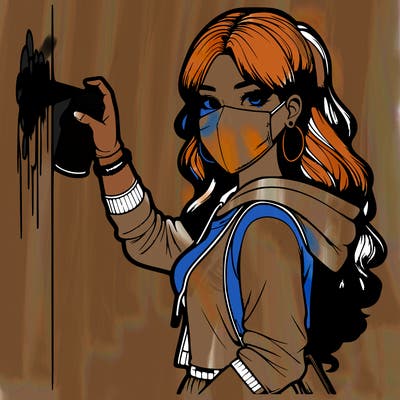 realistic girl with mask spray painting a wall