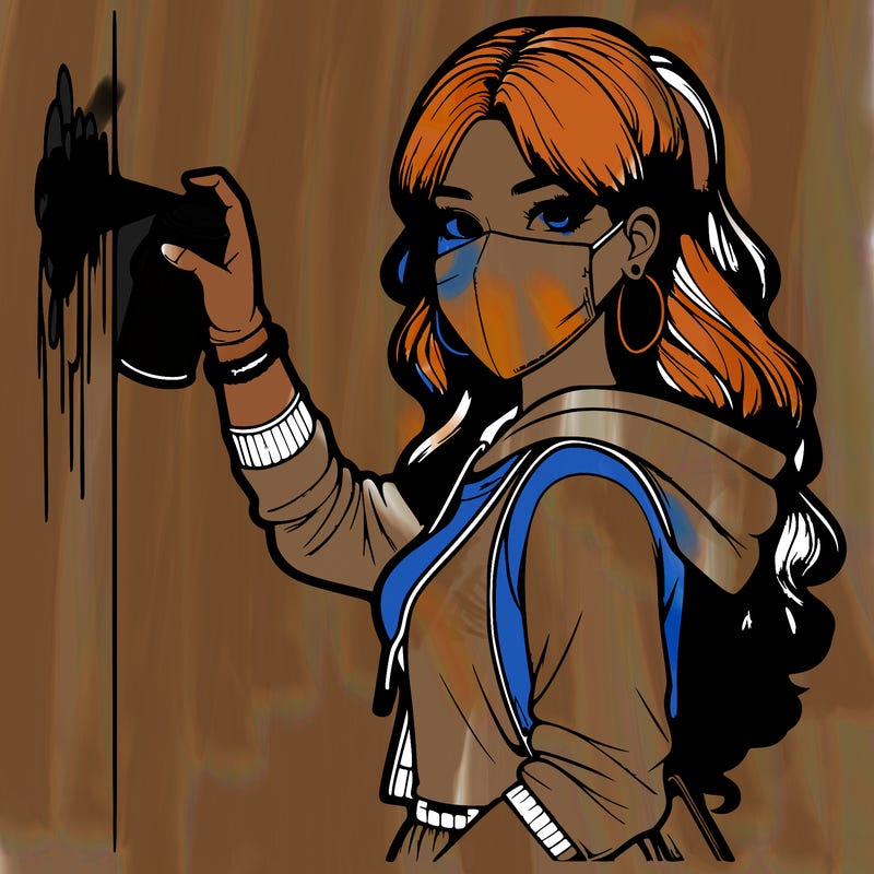 realistic girl with mask spray painting a wall