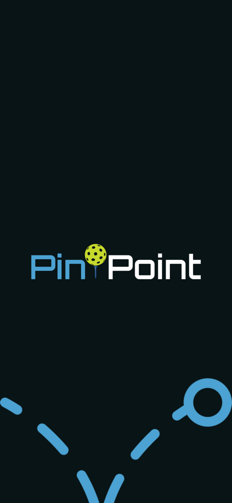Tela inicial do aplicativo Pin Point Inc mostrando o logotipo da empresa com um ícone amarelo de pickleball em um fundo escuro