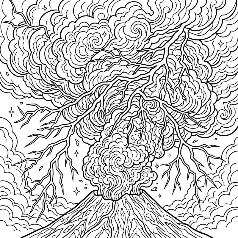 Dive into the electrifying beauty of a volcanic eruption with this highly detailed adult coloring page. Featuring intricate lightning bolts amidst swirling ash clouds, it offers a challenging and rewarding creative escape.