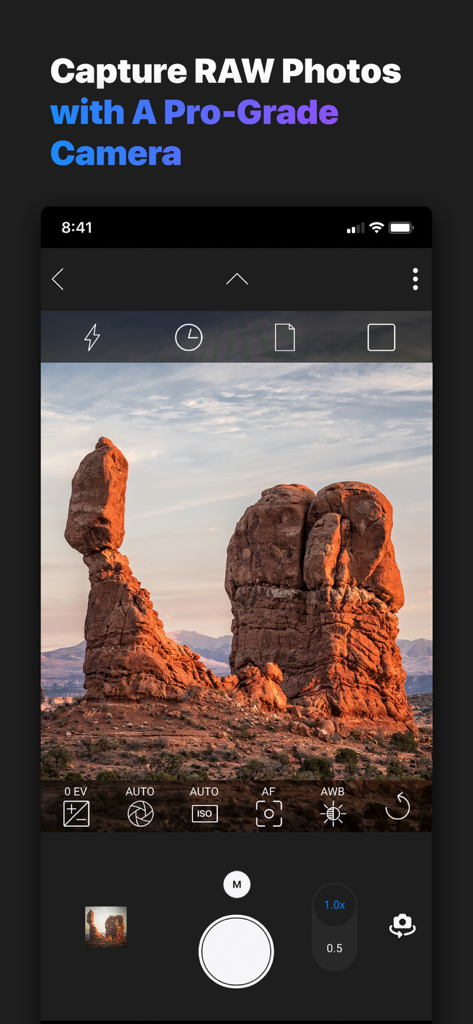 Pro-grade manual camera interface on ON1 Photo RAW mobile app showing landscape capture