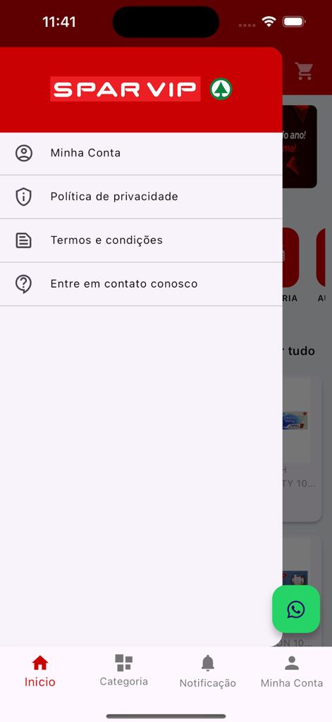 SPAR VIP - Side navigation menu of the SPAR VIP mobile app featuring account settings and privacy policy options.
