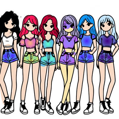 a group of girls wearing crop tops and shorts