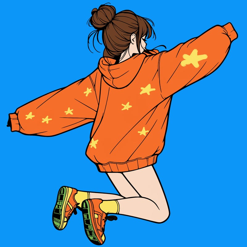 realistic girl jumping with a bun and oversized sweatshirt