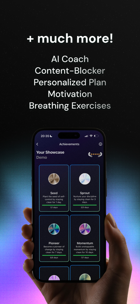 QUITTR: Quit Porn Now - QUITTR App Erfolgsbildschirm mit Fortschrittsabzeichen und einer Liste wichtiger Funktionen, einschließlich KI-Coach und Inhaltsblocker.