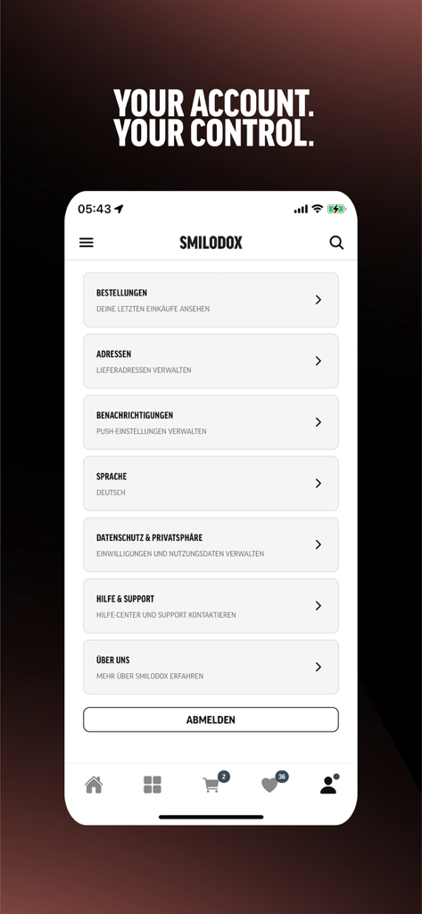 Smilodox - Interfaz de cuenta de usuario de la app fitness Smilodox con configuraciones de pedidos y perfil.