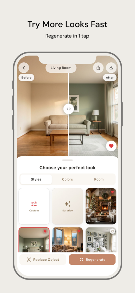Archify: AI Home Design - Écran de l'application Archify montrant une comparaison avant/après d'un salon avec différentes cartes de sélection de style