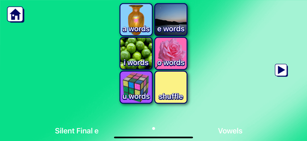 SPELLING MAGIC 4 for Schools - Educational app menu showing silent final e word categories for vowels a, e, i, o, and u with illustrative photos