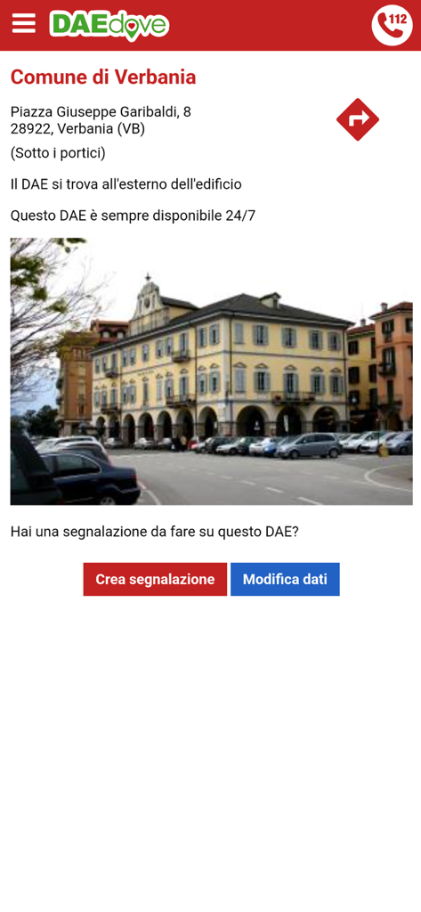 L'app DAEdove mostra la posizione di un defibrillatore a Verbania, Italia, con indirizzo e foto
