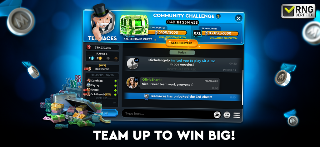 MONOPOLY Poker - Texas Holdem - Interface of the Monopoly Poker community challenge showing team progress toward an XXL Emerald Chest reward and a member chat feed.