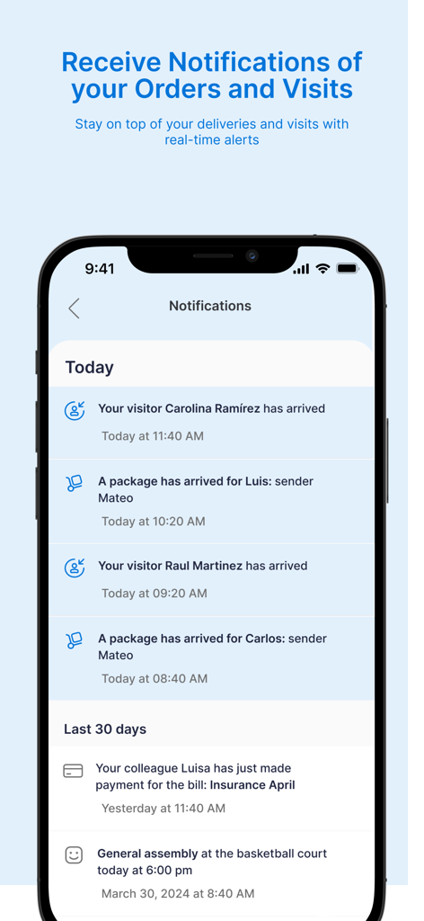 Habitanto - Resident - Mobile phone screen displaying the Habitanto resident app notification center with real-time alerts for visitor arrivals and package deliveries.